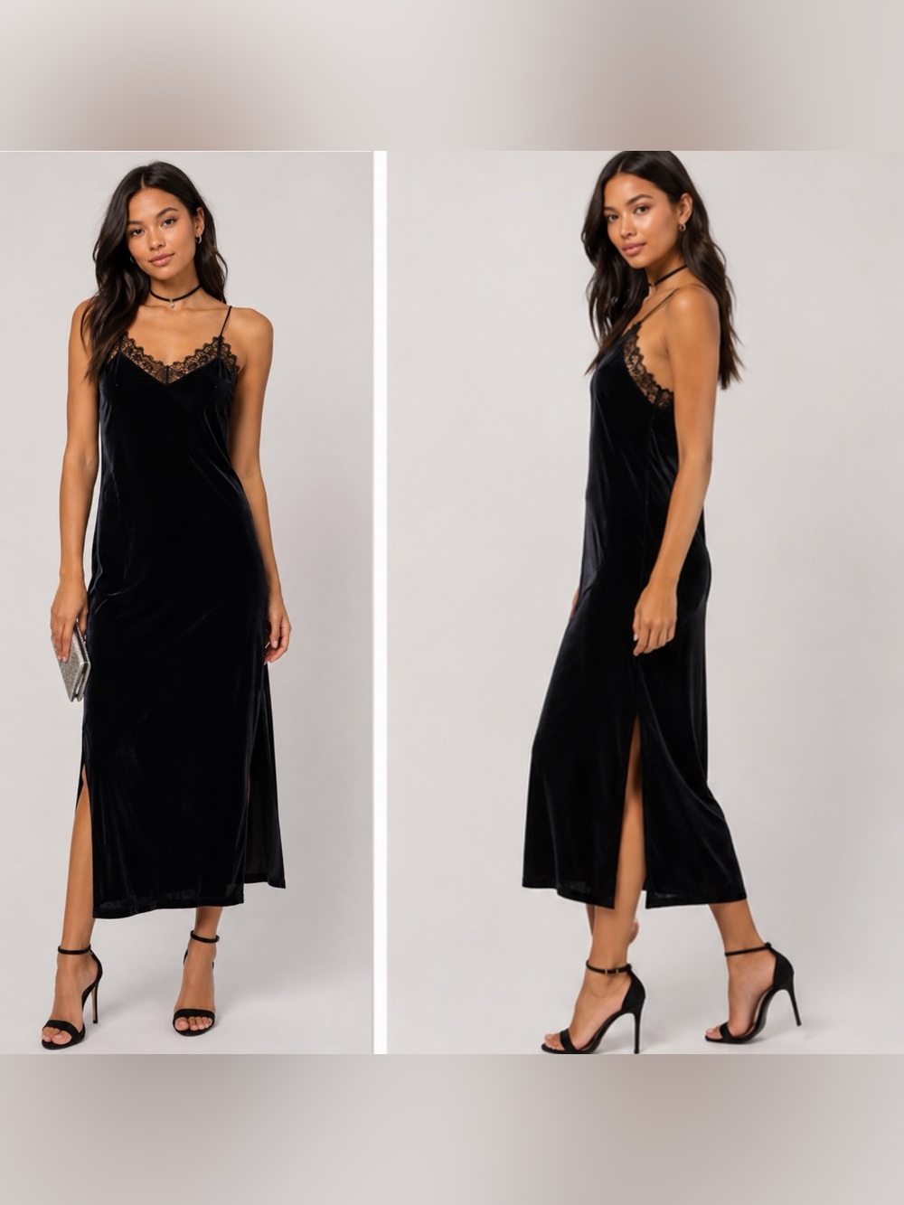 Express Black Stretch Velour Velvet Lace Trim Midi Slip Dress Side Slit XS